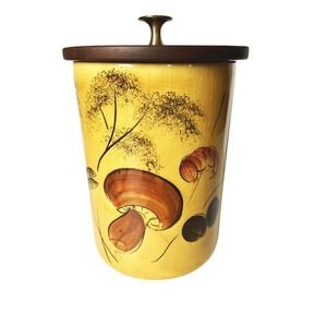 Vintage 70s Mushroom Glass Jar with Wooden Lid